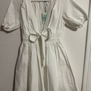 NWT, Medium, White Cotton Mini Swing Dress Deep V, Bow, Graduation, Bridal, Hoco